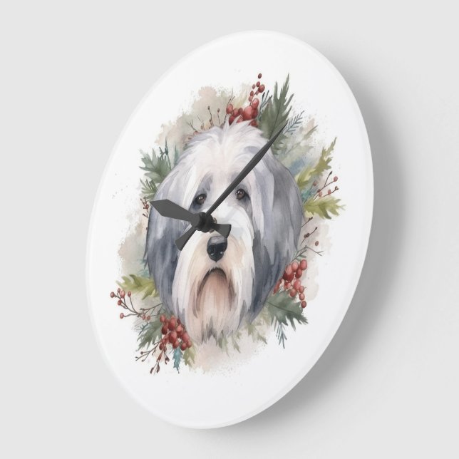 Old English Sheepdog Christmas Wreath Festive Pup  Large Clock (Angle)