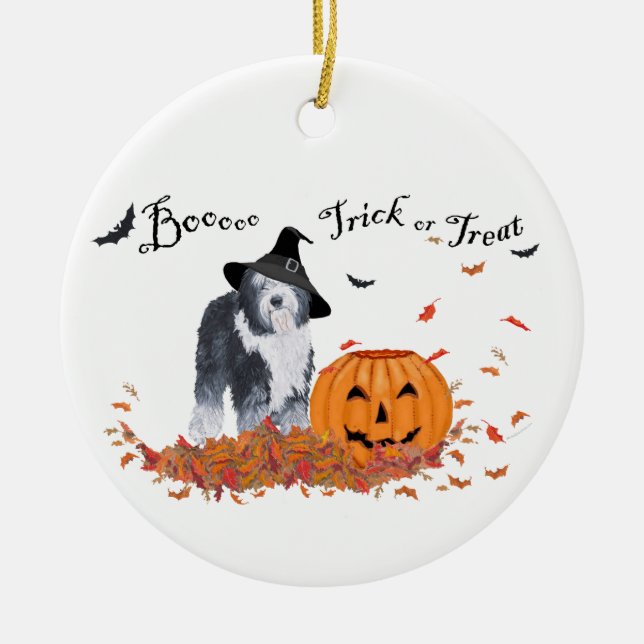 Old English Sheepdog Halloween Ceramic Tree Decoration (Front)