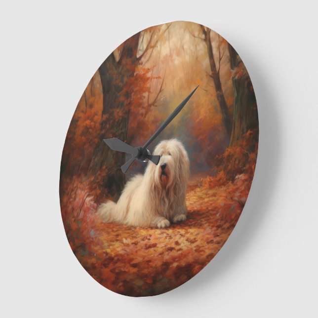 Old English Sheepdog in Autumn Leaves Fall Inspire Large Clock (Angle)