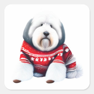 Old English Sheepdog in Christmas Sweater Sticker
