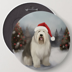 Old English Sheepdog in Snow Christmas 6 Cm Round Badge