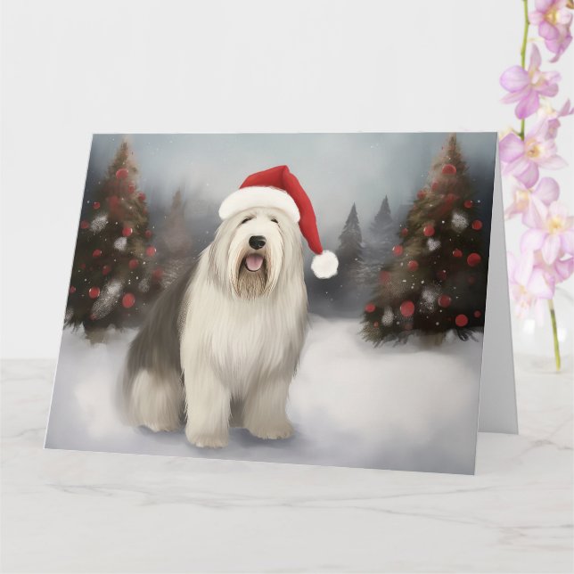 Old English Sheepdog in Snow Christmas Card (Orchid)