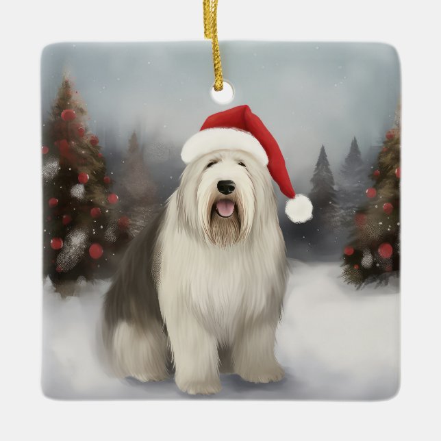 Old English Sheepdog in Snow Christmas Ceramic Ornament (Front)