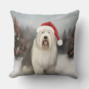 Old English Sheepdog in Snow Christmas Cushion
