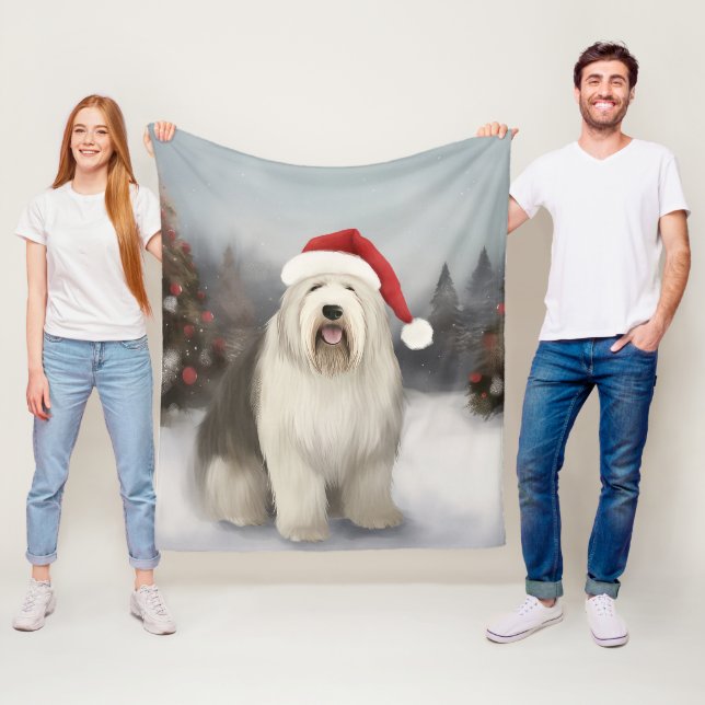 Old English Sheepdog in Snow Christmas Fleece Blanket (In Situ)