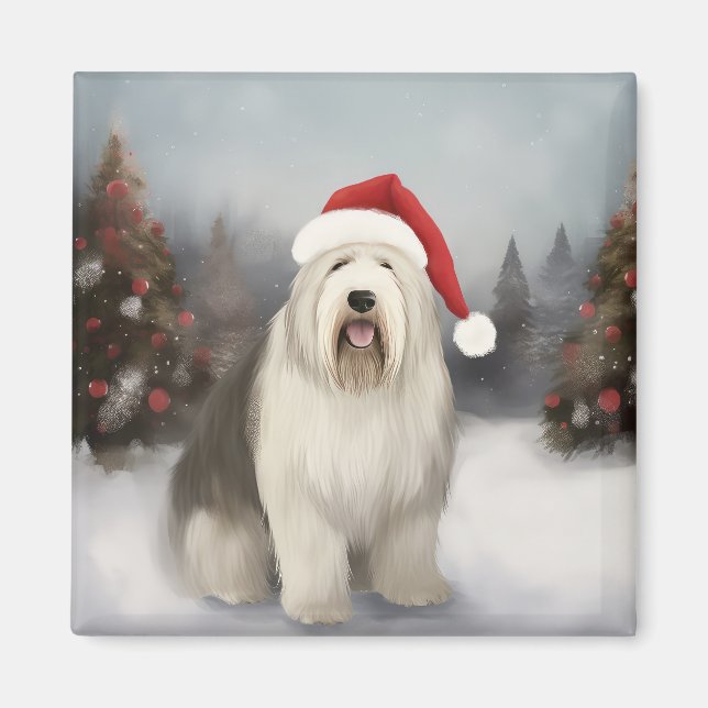Old English Sheepdog in Snow Christmas Magnet (Front)