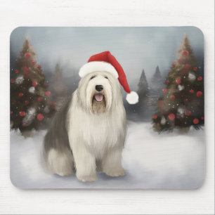 Old English Sheepdog in Snow Christmas Mouse Pad