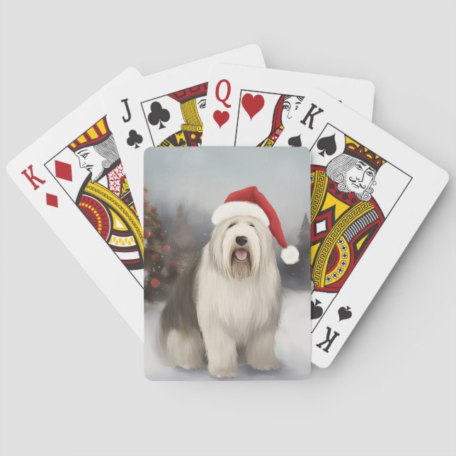 Old English Sheepdog in Snow Christmas Playing Cards (Back)