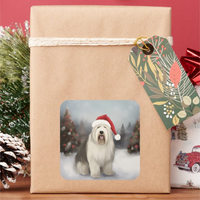 Old English Sheepdog in Snow Christmas Square Sticker (Holiday)