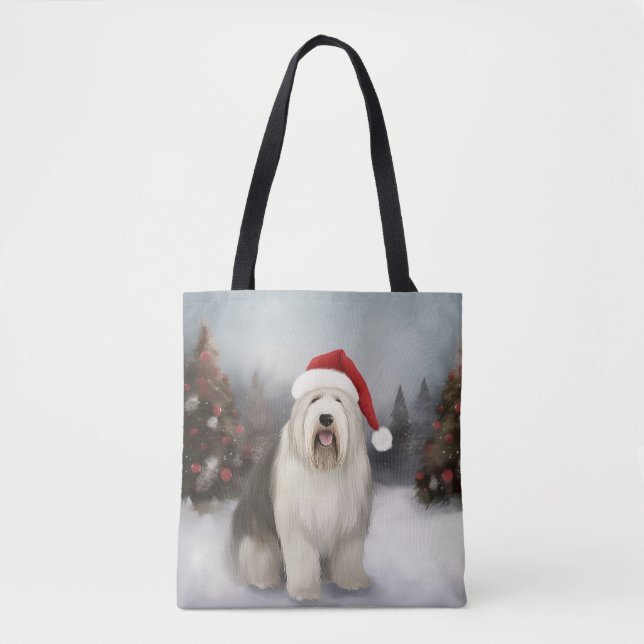 Old English Sheepdog in Snow Christmas Tote Bag (Front)
