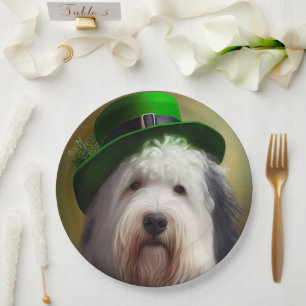 Old English Sheepdog in St. Patrick's Day Dress Paper Plate