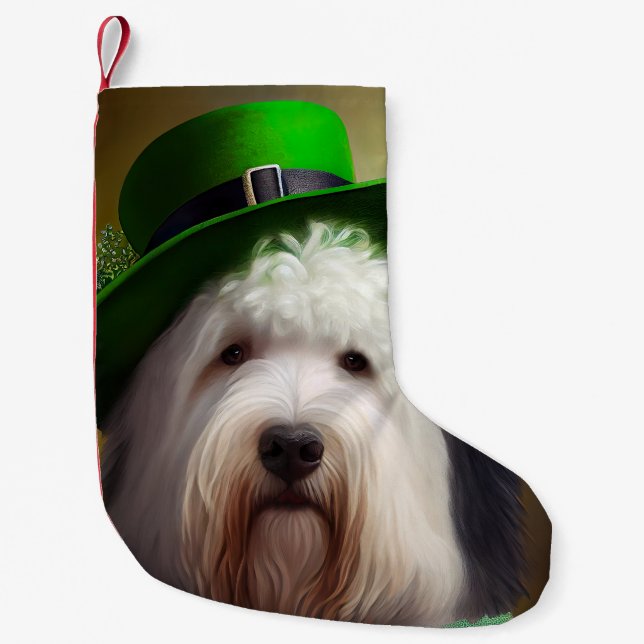 Old English Sheepdog in St. Patrick's Day Dress Small Christmas Stocking (Front)