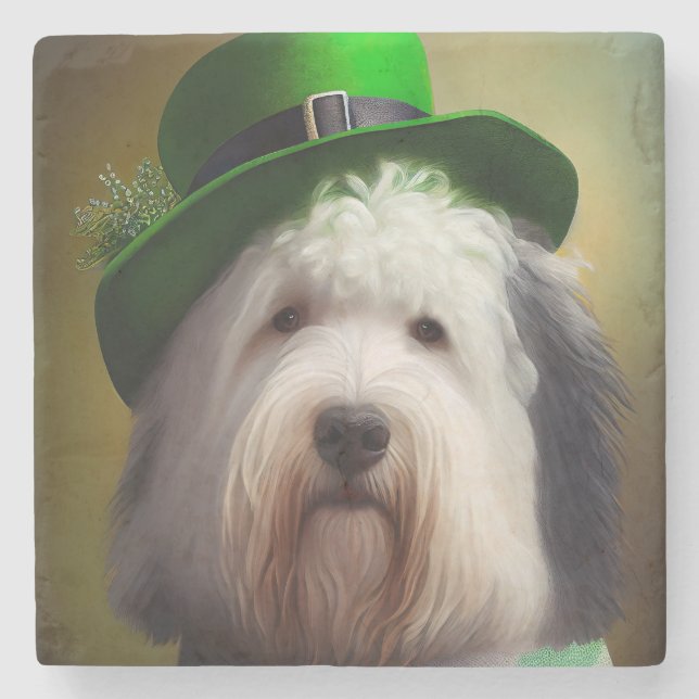 Old English Sheepdog in St. Patrick's Day Dress Stone Coaster (Front)