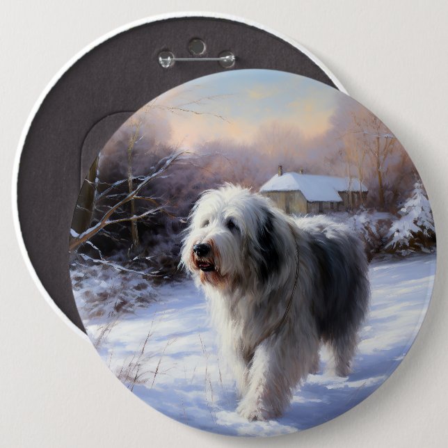 Old English Sheepdog Let It Snow Christmas 6 Cm Round Badge (Front & Back)