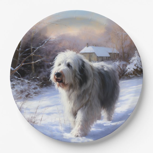 Old English Sheepdog Let It Snow Christmas Paper Plate (Front)