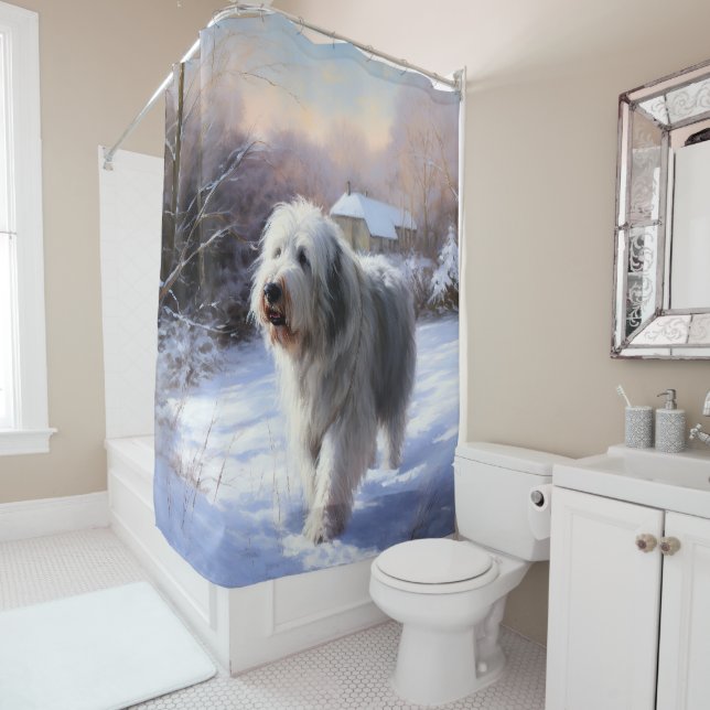 Old English Sheepdog Let It Snow Christmas Shower Curtain (In Situ)