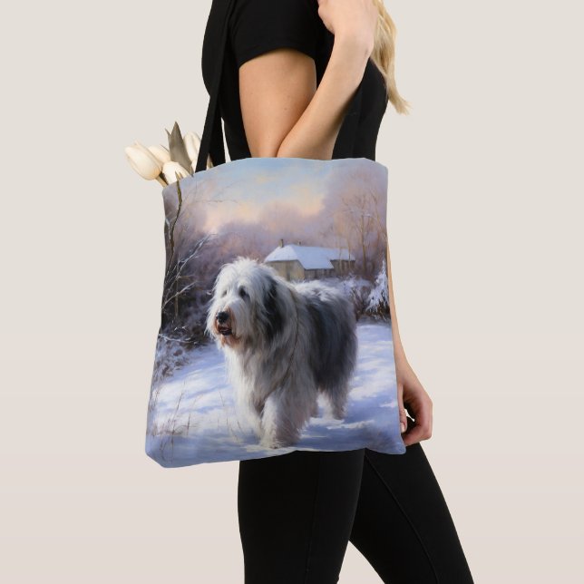 Old English Sheepdog Let It Snow Christmas Tote Bag (Close Up)