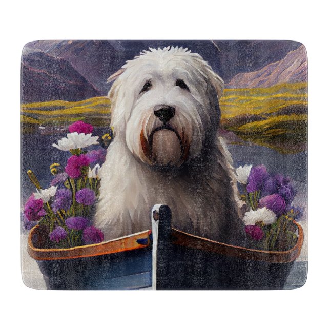 Old English Sheepdog on Paddle: A Scenic Adventure Cutting Board (Front)