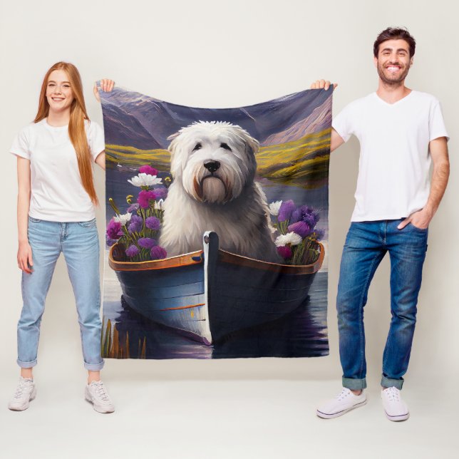 Old English Sheepdog on Paddle: A Scenic Adventure Fleece Blanket (In Situ)