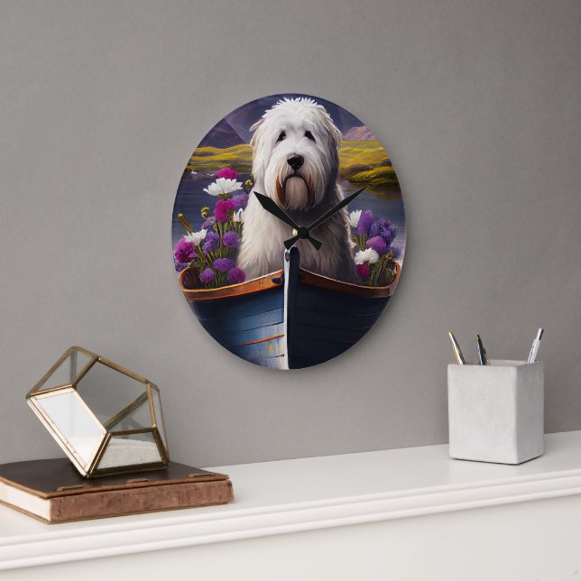 Old English Sheepdog on Paddle: A Scenic Adventure Large Clock (Office)