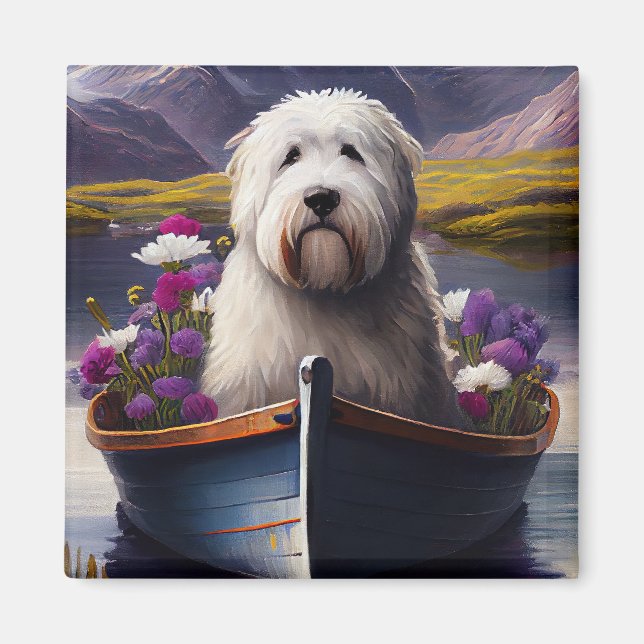Old English Sheepdog on Paddle: A Scenic Adventure Magnet (Front)