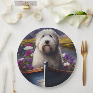 Old English Sheepdog on Paddle: A Scenic Adventure Paper Plate