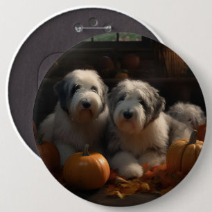 Old English Sheepdog Puppy Autumn Delight Pumpkin 6 Cm Round Badge