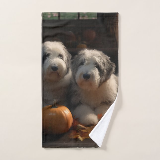 Old English Sheepdog Puppy Autumn Delight Pumpkin Bath Towel Set (Hand Towel)