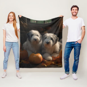 Old English Sheepdog Puppy Autumn Delight Pumpkin Fleece Blanket
