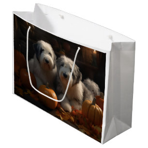 Old English Sheepdog Puppy Autumn Delight Pumpkin Large Gift Bag