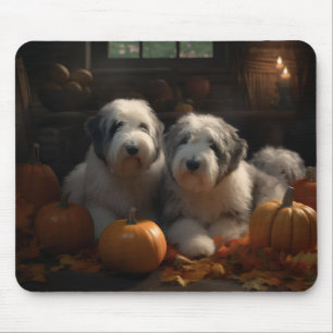Old English Sheepdog Puppy Autumn Delight Pumpkin Mouse Pad