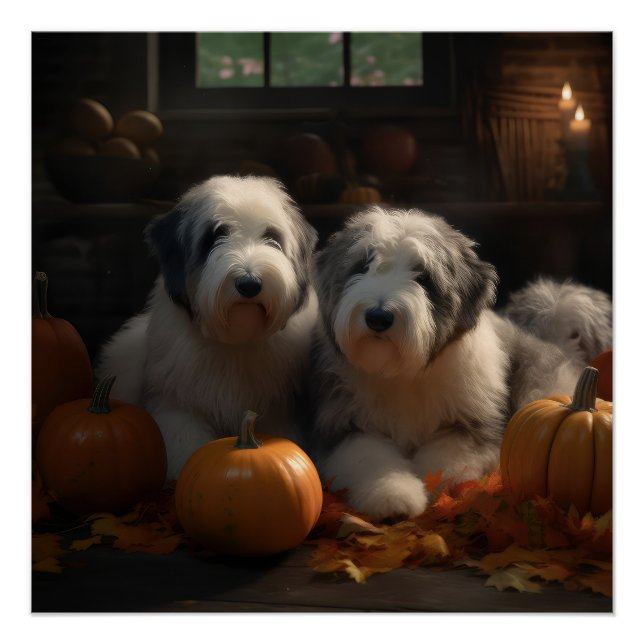 Old English Sheepdog Puppy Autumn Delight Pumpkin Poster (Front)