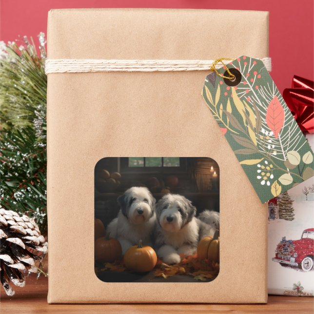 Old English Sheepdog Puppy Autumn Delight Pumpkin Square Sticker (Holiday)