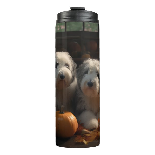 Old English Sheepdog Puppy Autumn Delight Pumpkin Thermal Tumbler (Front)