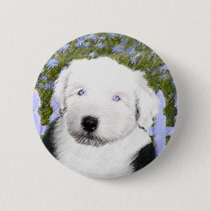 Old English Sheepdog Puppy Painting - Dog Art 6 Cm Round Badge
