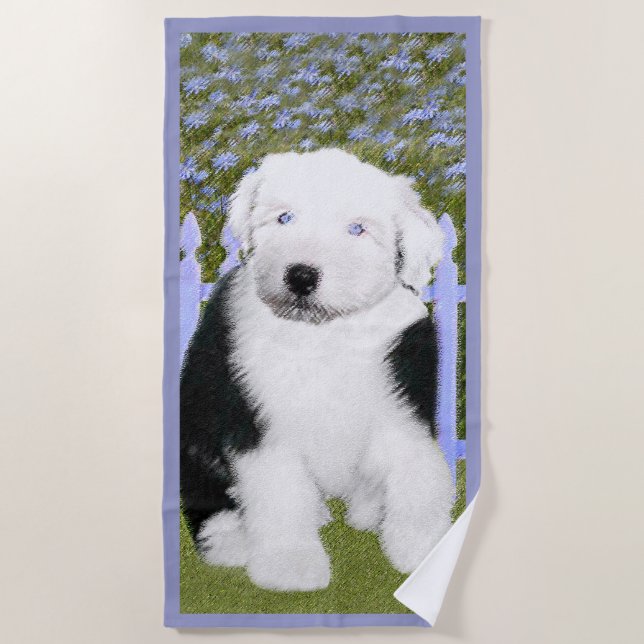 Old English Sheepdog Puppy Painting - Dog Art Beach Towel (Front)