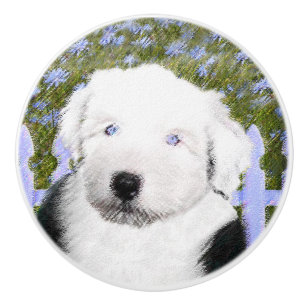 Old English Sheepdog Puppy Painting - Dog Art Ceramic Knob