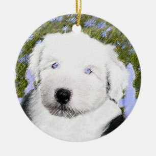 Old English Sheepdog Puppy Painting - Dog Art Ceramic Tree Decoration