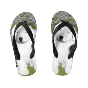 Old English Sheepdog Puppy Painting - Dog Art Kid's Jandals