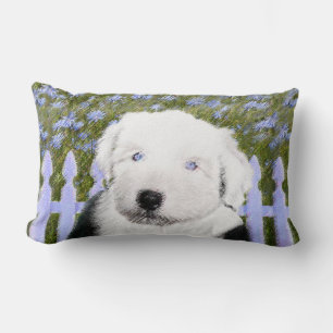 Old English Sheepdog Puppy Painting - Dog Art Lumbar Cushion