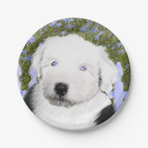 Old English Sheepdog Puppy Painting - Dog Art Paper Plate