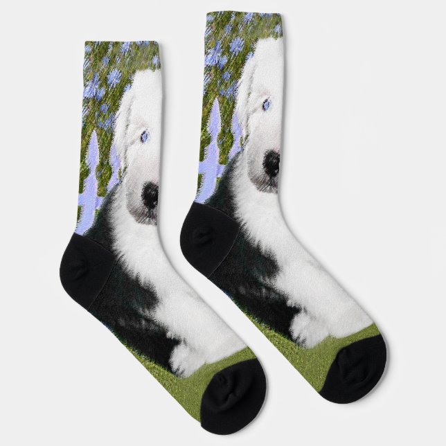 Old English Sheepdog Puppy Painting - Dog Art Socks (Right)