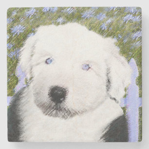 Old English Sheepdog Puppy Painting - Dog Art Stone Coaster