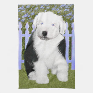 Old English Sheepdog Puppy Painting - Dog Art Tea Towel