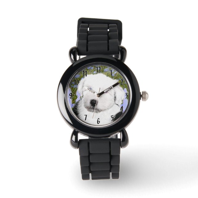 Old English Sheepdog Puppy Painting - Dog Art Watch (Front)