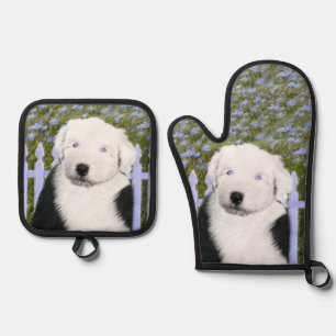 Old English Sheepdog Puppy Painting Pet Dog Art Oven Mitt & Pot Holder Set