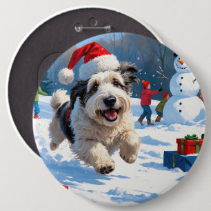 Old English Sheepdog Running in Snow Christmas Hat 6 Cm Round Badge
