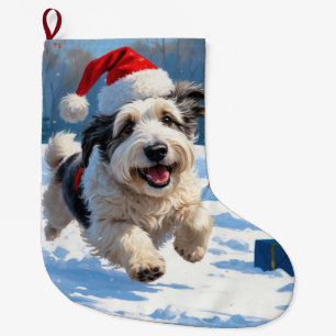 Old English Sheepdog Running in Snow Christmas Hat Large Christmas Stocking