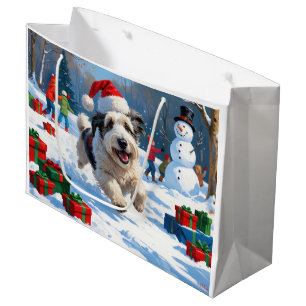 Old English Sheepdog Running in Snow Christmas Hat Large Gift Bag