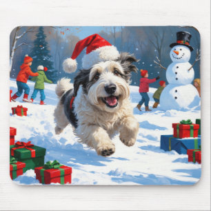Old English Sheepdog Running in Snow Christmas Hat Mouse Pad